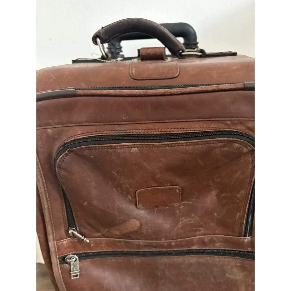 Tumi Brown Leather Rolling Suitcase Upright Luggage Bag Distressed 24 Inch